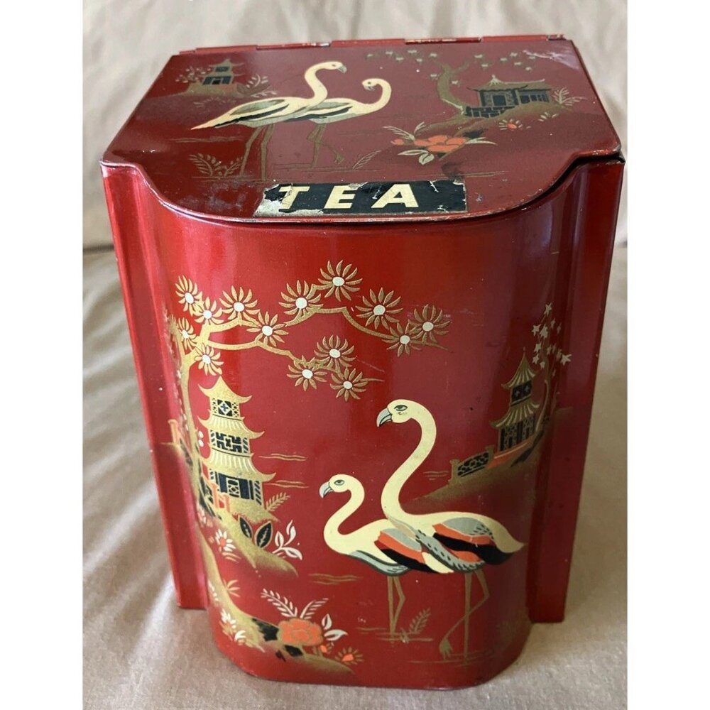 BARET WARE ENGLAND TIN TEA CADDY, CHINOISERIE - 6.5”